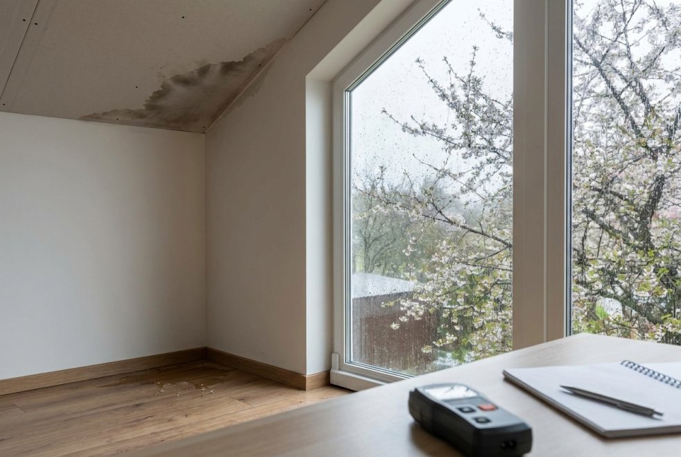 Water stain on ceiling near rain-covered window in an empty home interior, showing spring weather damage