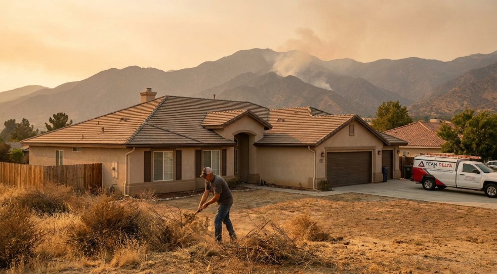 Homeowner clearing dry brush near a Beaumont house with wildfire smoke in the mountains and a Team Delta truck nearby